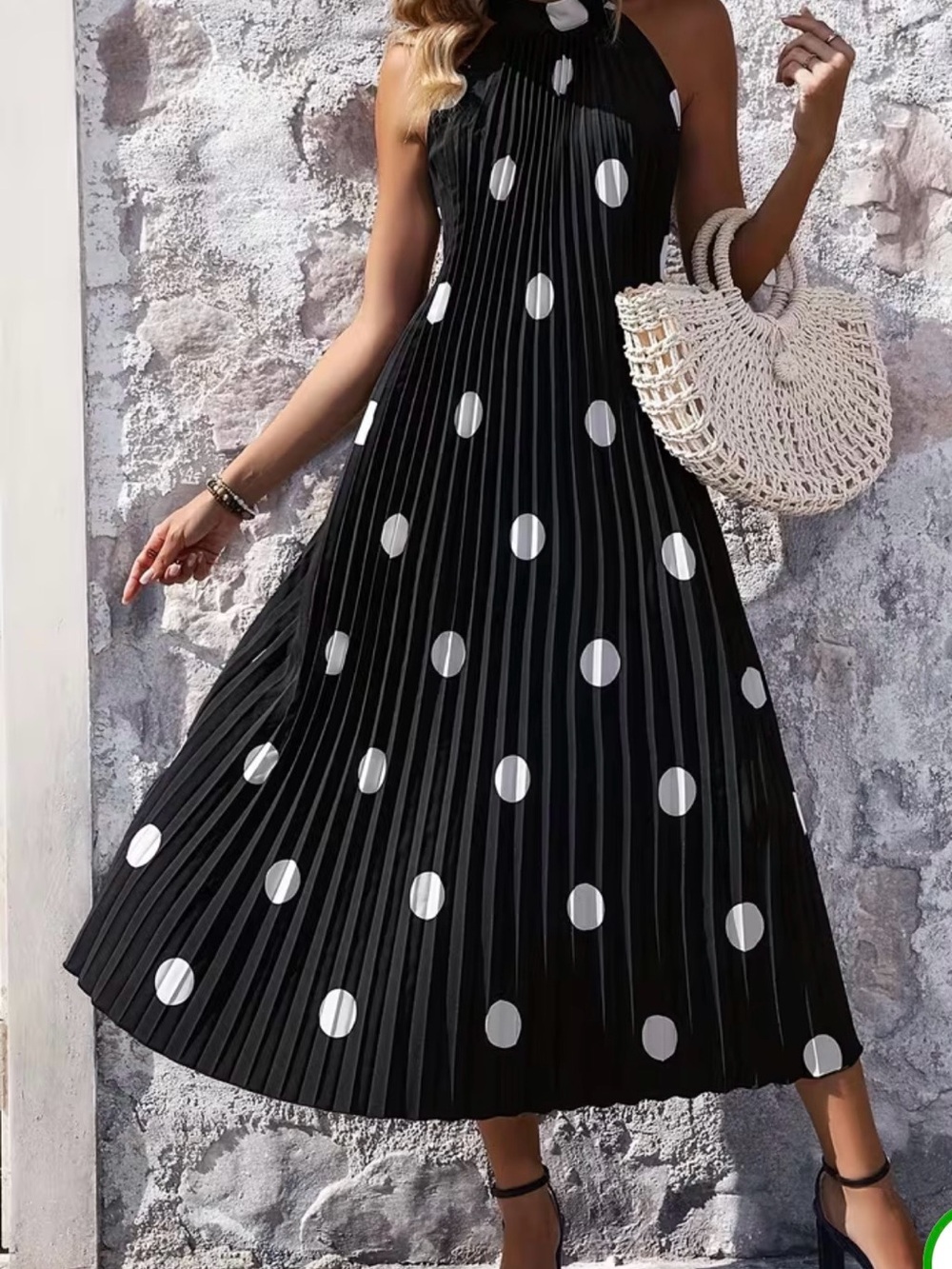 Sleeveless Black Polka Dot Pleated Maxi Dress